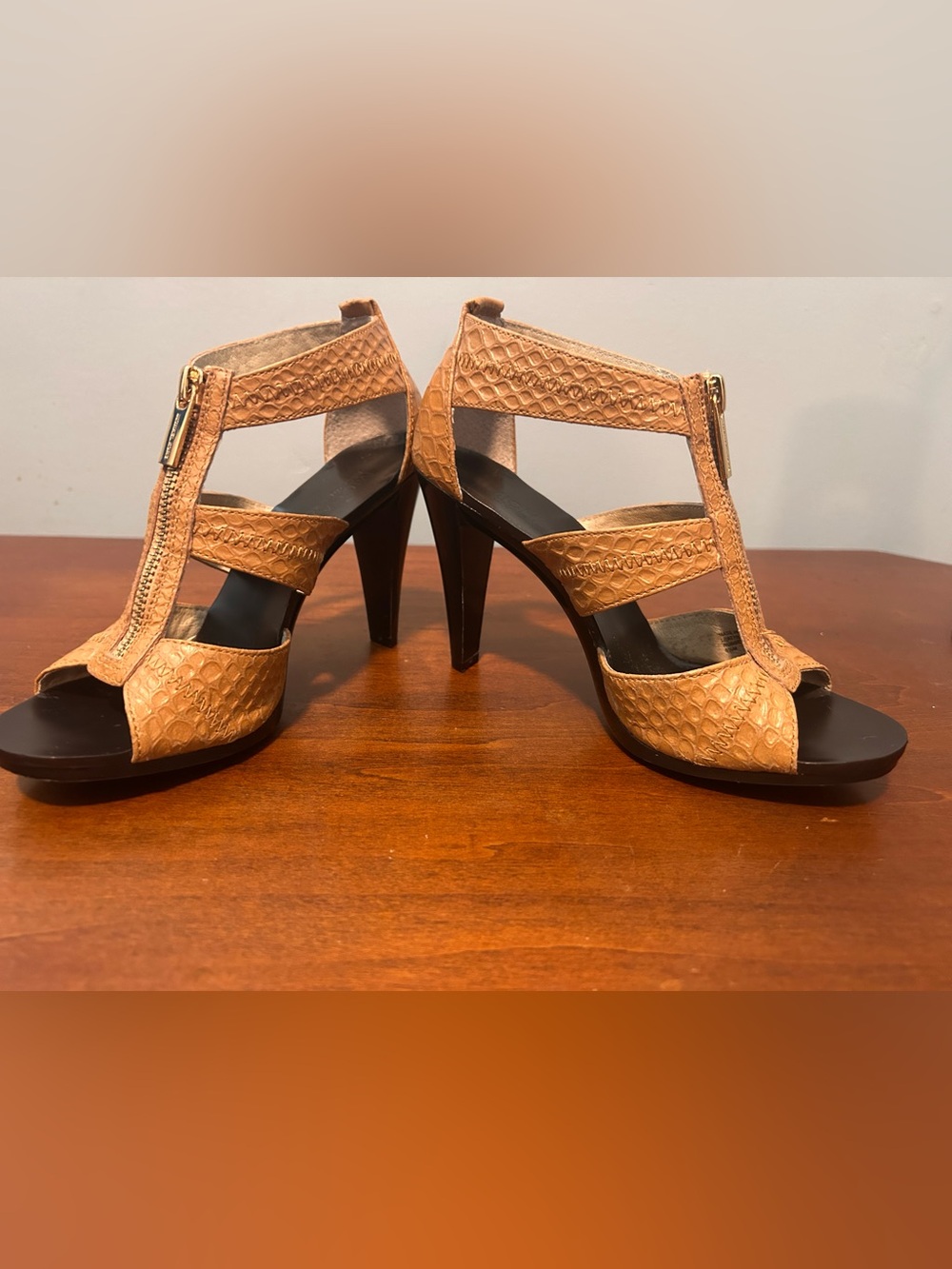 Micheal Michael Kors Peanut Tan Textured Leather Zip High Heel Sandals